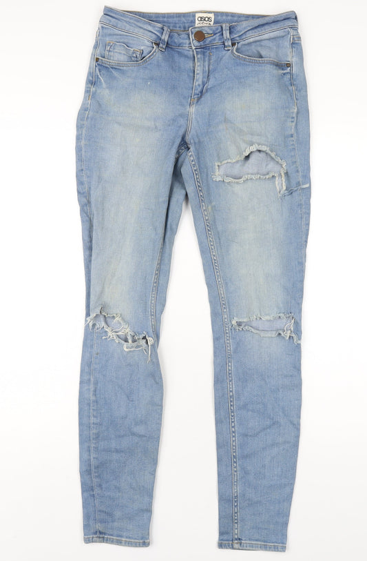 Additional front view of ASOS women’s blue cotton skinny jeans, size UK 28, in, 32-inch leg regular zip
