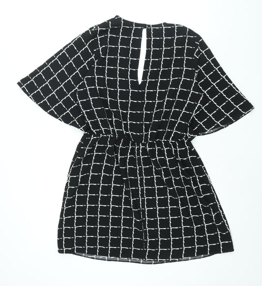 Miss Selfridge Womens Black Geometric Polyester A-Line Size 12 Round Neck Button - Tie Detail