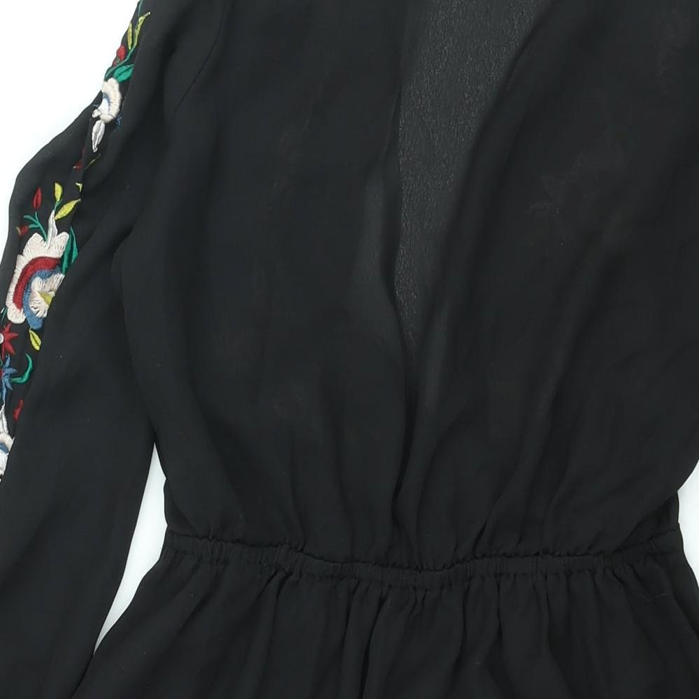 Boohoo Womens Black Polyester A-Line Size 8 V-Neck Pullover - Floral Embroidery