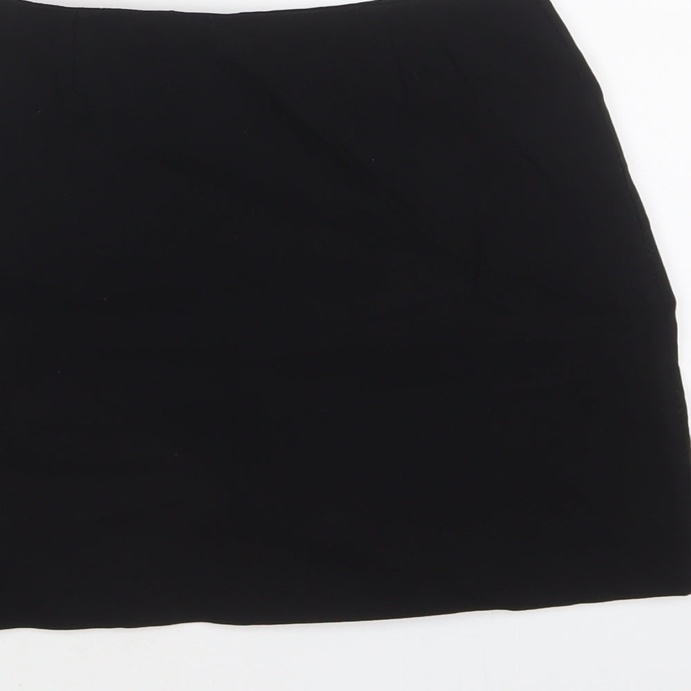Brand and care label for ASOS women’s black viscose mini skirt, size UK 4, zip