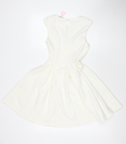 Lipsy Womens White Polyester Fit & Flare Size 8 Round Neck Zip - Lace Detail