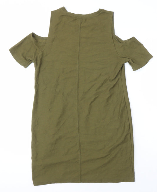 River Island Womens Green Geometric Cotton Shift Size 10 Round Neck - Cold shoulder