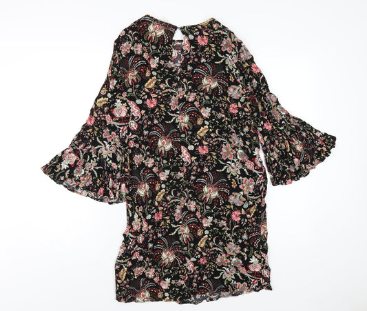 H&M Womens Black Geometric Viscose A-Line Size 12 Round Neck Button