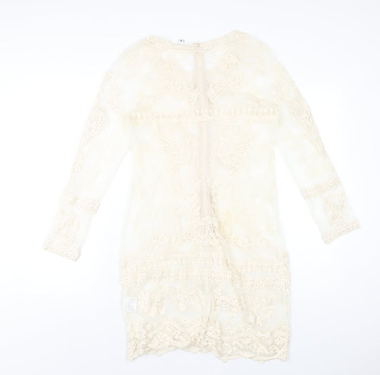 Almost Famous Womens Ivory Cotton A-Line Size 8 Round Neck Zip