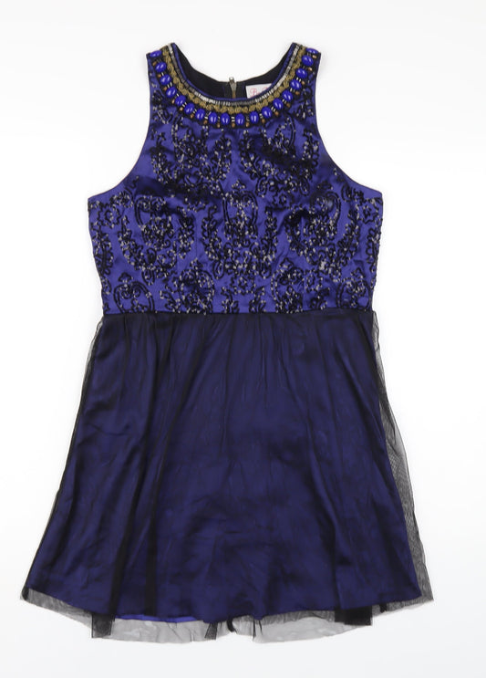 Additional front view of Be Beau women’s blue polyester a-line, size UK 10, round neck zip
