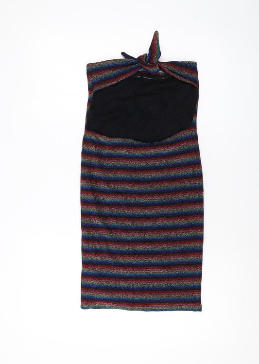 Topshop Womens Multicoloured Striped Nylon Bodycon Size 10 Square Neck Pullover