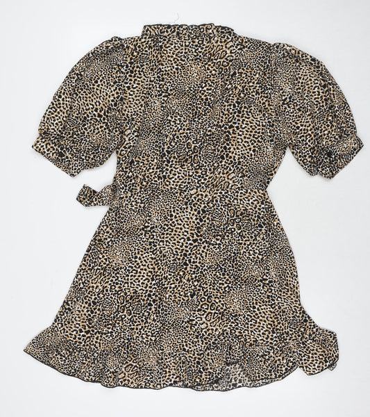 Topshop Womens Brown Animal Print Polyester Wrap Dress Size 12 V-Neck Tie
