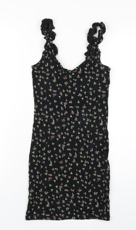 Additional front view of Miss Selfridge women’s black floral viscose bodycon, size UK 6, v-neck pullover
