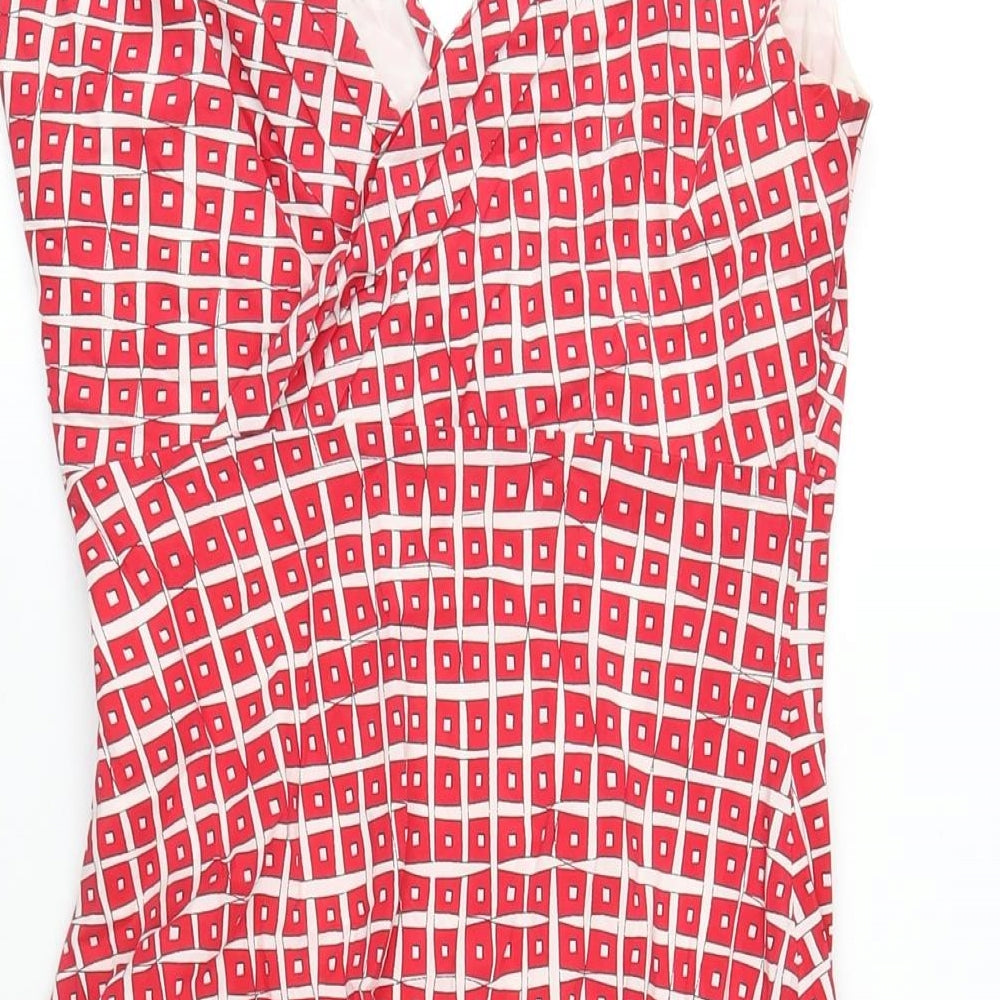 Coast Womens Red Geometric Silk A-Line Size 8 V-Neck Zip