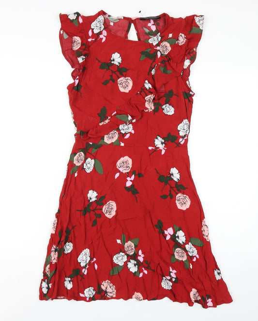 Additional front view of Miss Selfridge women’s red floral viscose a-line, size UK 10, round neck zip