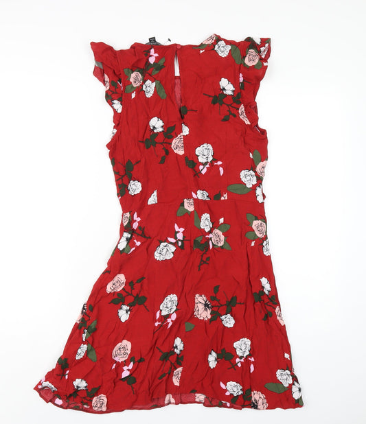 Miss Selfridge Womens Red Floral Viscose A-Line Size 10 Round Neck Zip