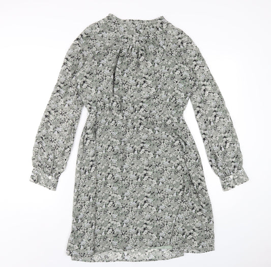H&M Womens Green Floral Polyester A-Line Size S Round Neck Button
