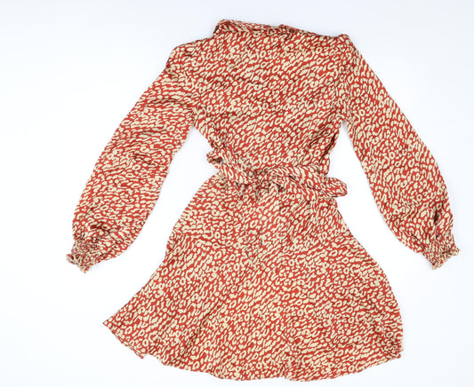 PRETTYLITTLETHING Womens Red Animal Print Polyester Wrap Dress Size 4 V-Neck Tie