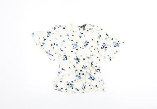New Look Womens White Floral Viscose Basic T-Shirt Size 8 Round Neck