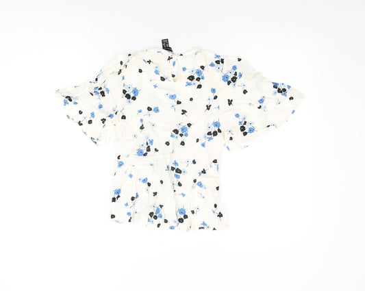 New Look Womens White Floral Viscose Basic T-Shirt Size 8 Round Neck