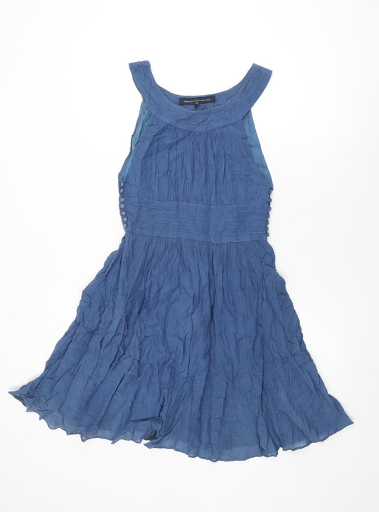 Additional front view of French Connection women’s blue cotton skater dress, size UK 6, round neck button