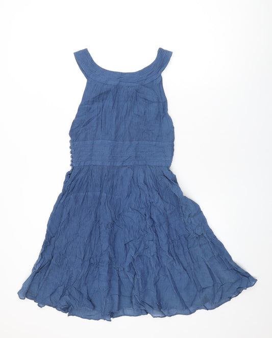 French Connection Womens Blue Cotton Skater Dress Size 6 Round Neck Button