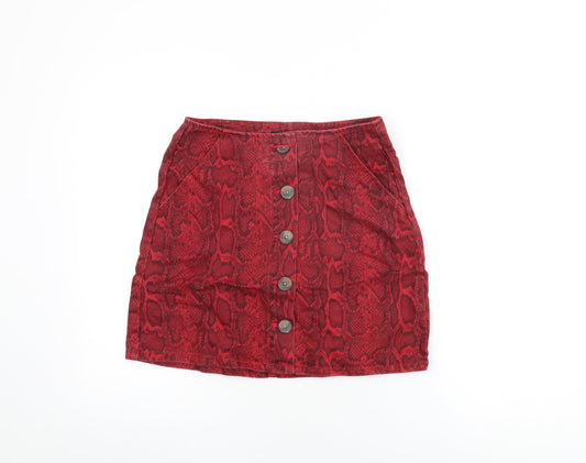 Additional front view of /Denim women’s red animal print cotton mini skirt, size UK 8, button