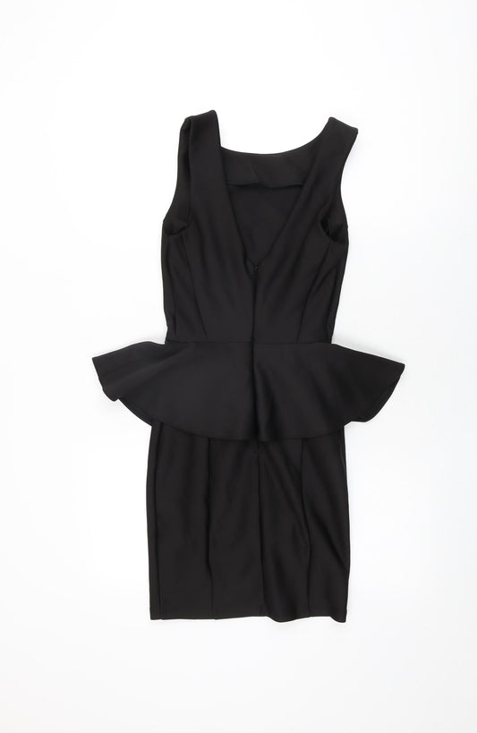 Topshop Womens Black Polyester Bodycon Size 6 Round Neck Zip - Frill Detail