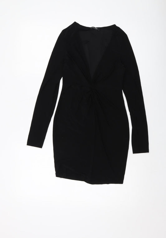Additional front view of I SAW IT FIRST women’s black polyester bodycon, size UK 10, v-neck pullover