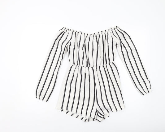 Additional front view of Missguided women’s ivory striped polyester playsuit one-piece, size UK 4, pullover