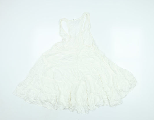 Topshop Womens White Viscose Mini Size 8 Scoop Neck Button - Smocked Flare