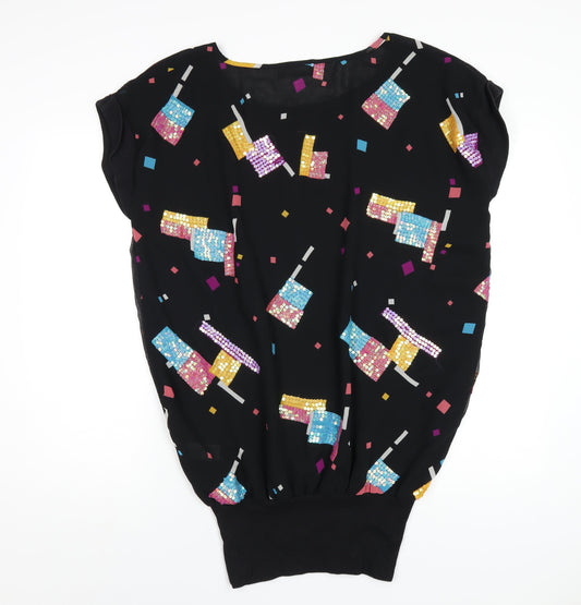 Evans Womens Black Geometric Polyester Basic T-Shirt Size 16 Round Neck