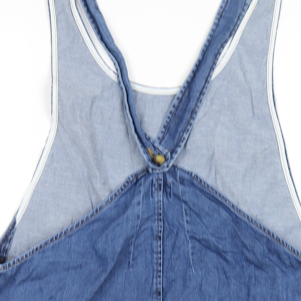 Brand and care label for ASOS women’s blue cotton pinafore/dungaree dress, size UK 10, scoop neck button