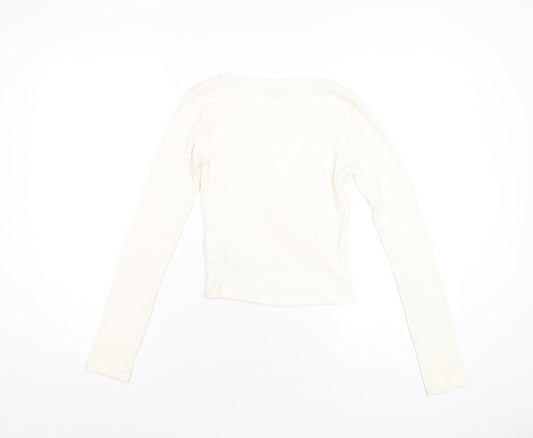 Cooperative Womens Ivory Polyester Basic T-Shirt Size S V-Neck