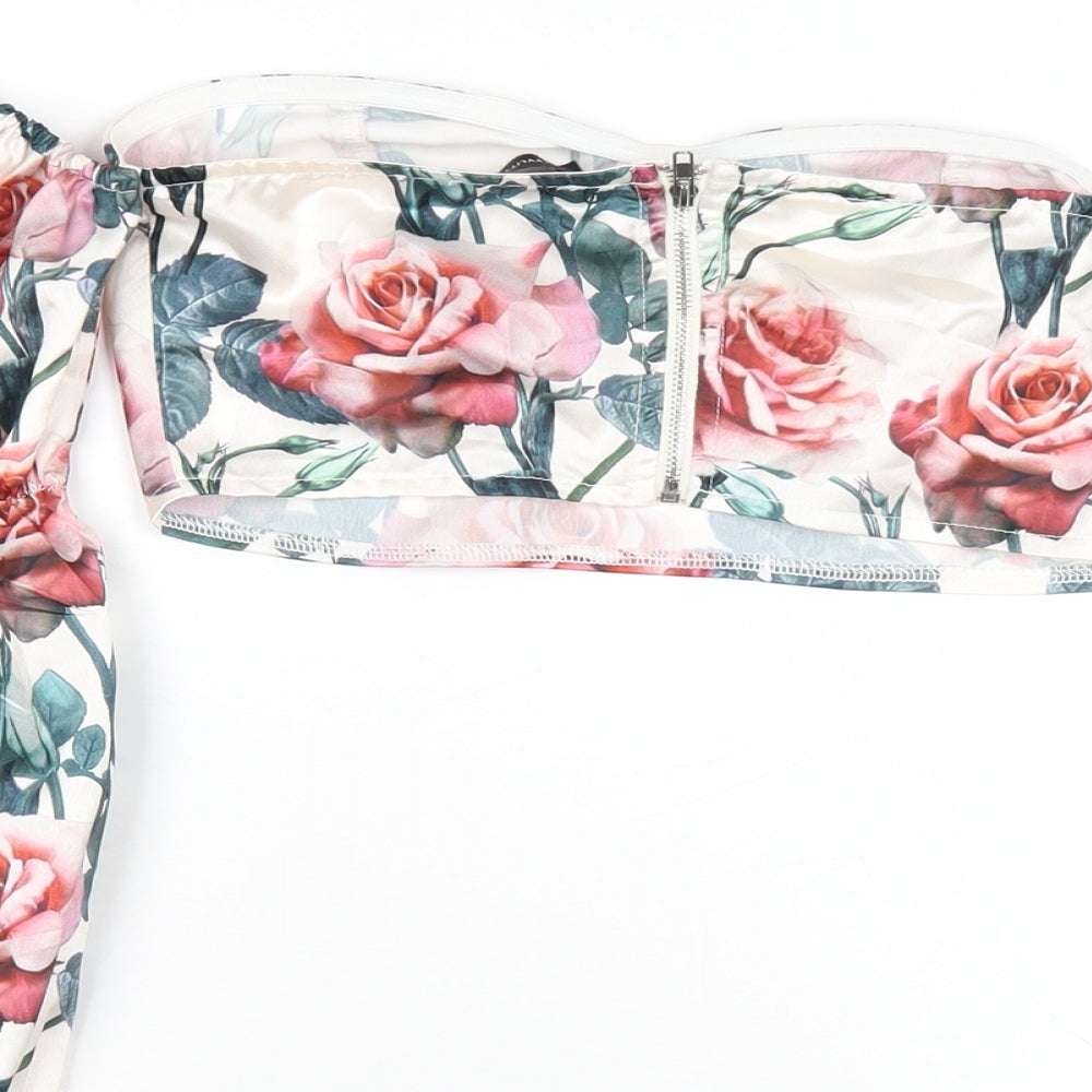 PRETTYLITTLETHING Womens Multicoloured Floral Polyester Cropped T-Shirt Size 4 Sweetheart