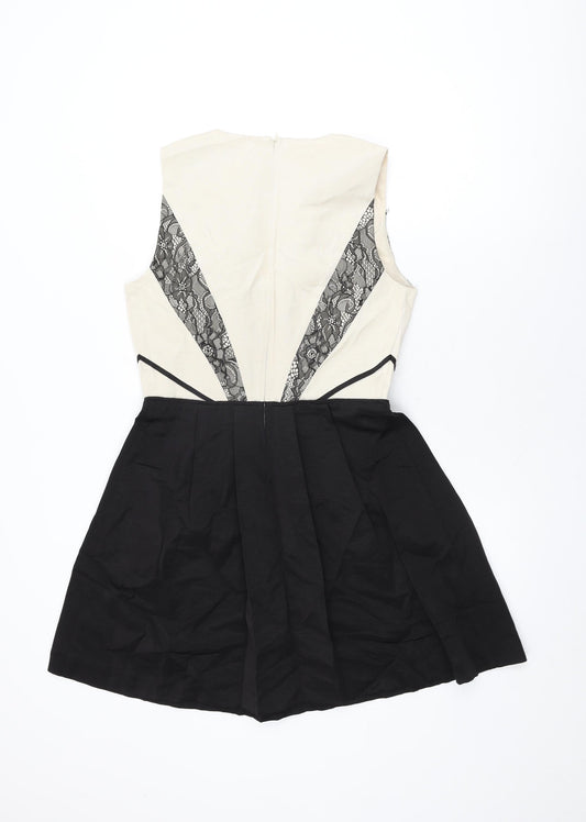 Oasis Womens Ivory Cotton Skater Dress Size 12 V-Neck Zip - Lace Detail