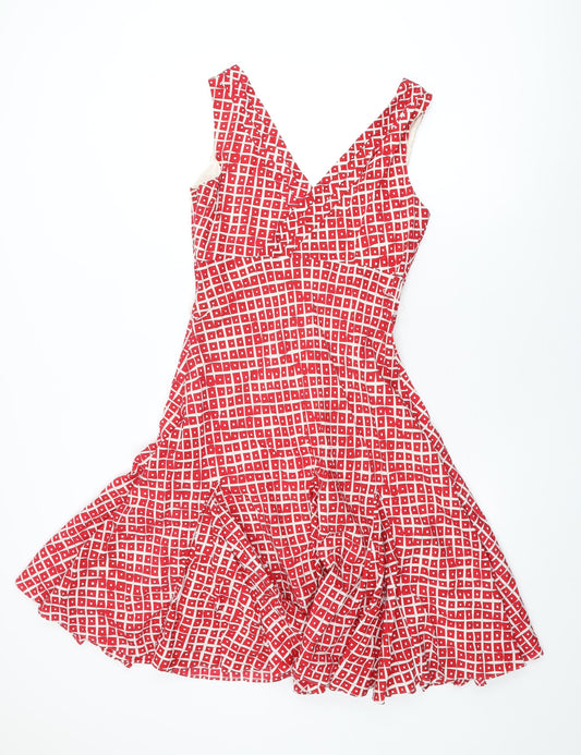 Coast Womens Red Geometric Silk A-Line Size 12 V-Neck Zip