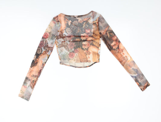 Bershka Womens Multicoloured Geometric Polyester Cropped T-Shirt Size XS Square Neck - Renaissance Print