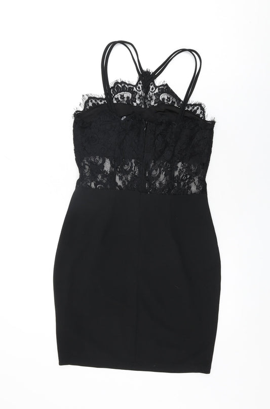 Boohoo Womens Black Floral Polyester Bodycon Size 10 Halter Zip