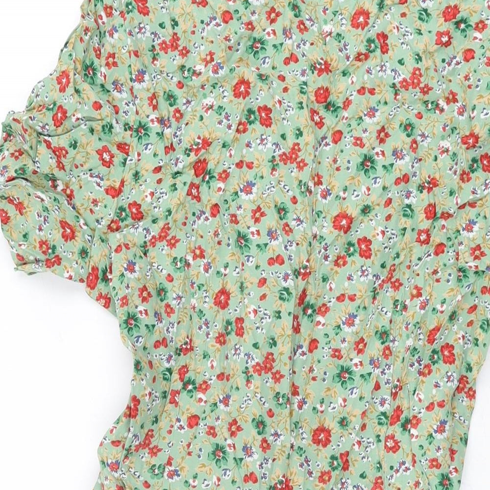 Difference Womens Green Floral Polyester Skater Dress Size 8 V-Neck Button