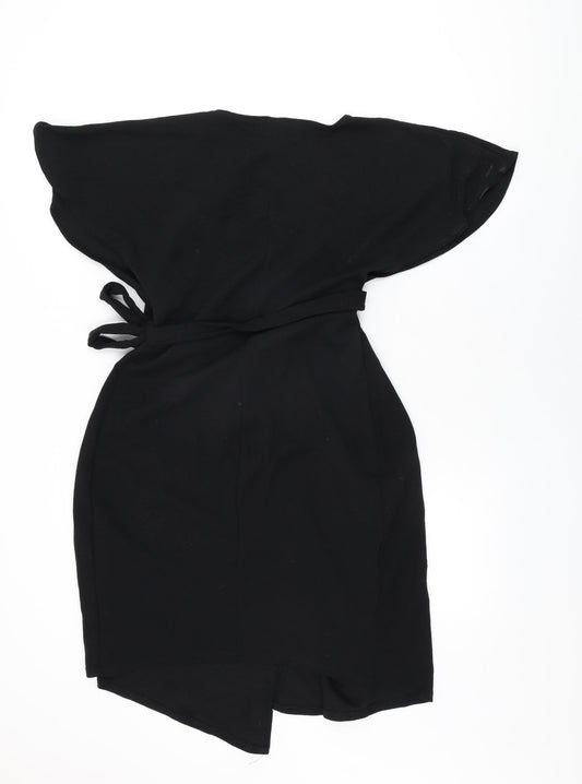 Boohoo Womens Black Polyester Wrap Dress Size 8 V-Neck Tie