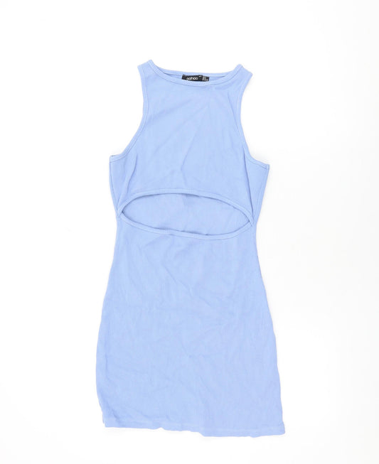 Boohoo Womens Blue Cotton Bodycon Size 8 Round Neck Pullover - Cut Out Detail