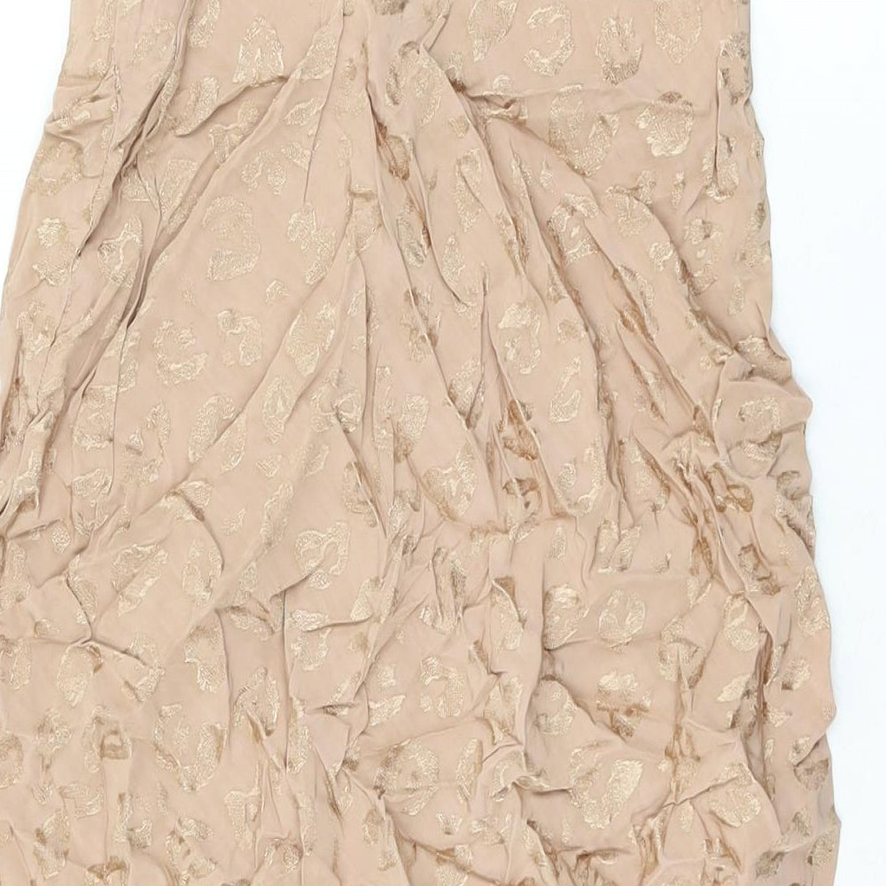 Brand and care label for ASOS women’s beige animal print viscose flare skirt, size UK 10