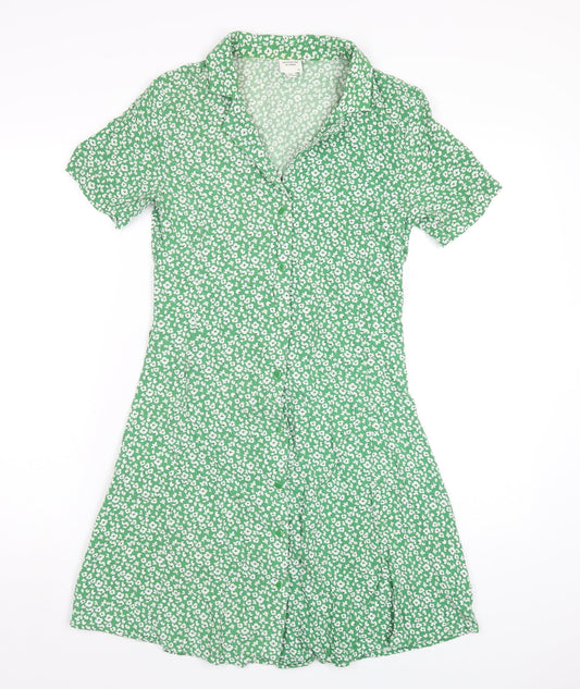 Vero Moda Womens Green Floral Viscose Shirt Dress Size 8 Collared Button