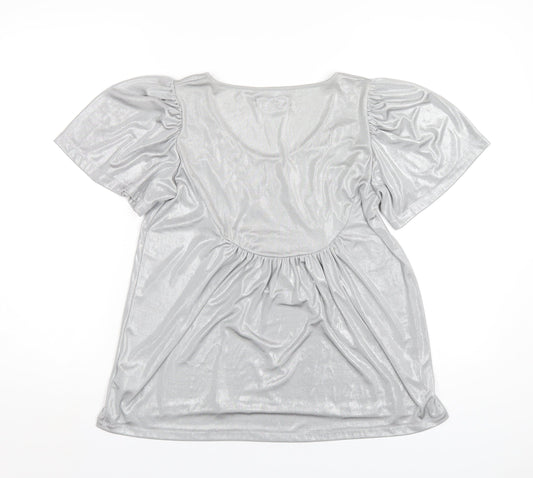 Betty Jackson Womens Silver Polyester Basic T-Shirt Size 12 Scoop Neck