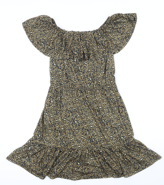 ASOS Womens Brown Animal Print Polyester A-Line Size 8 Off the Shoulder