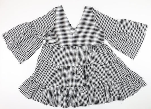 Boohoo Womens Black Gingham Polyester A-Line Size 12 V-Neck