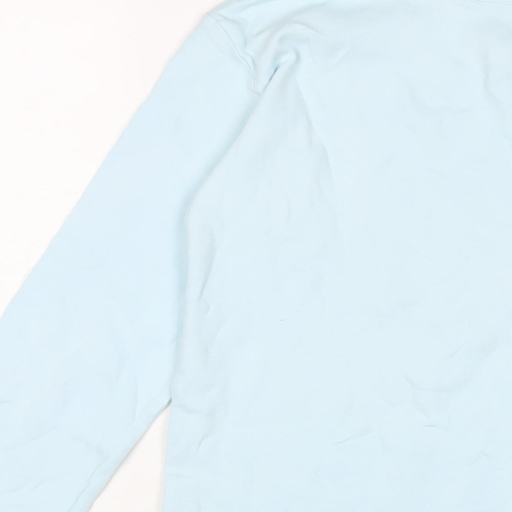Brand and care label for Decathlon girls’ blue cotton basic casual, size 14, years crew neck pullover