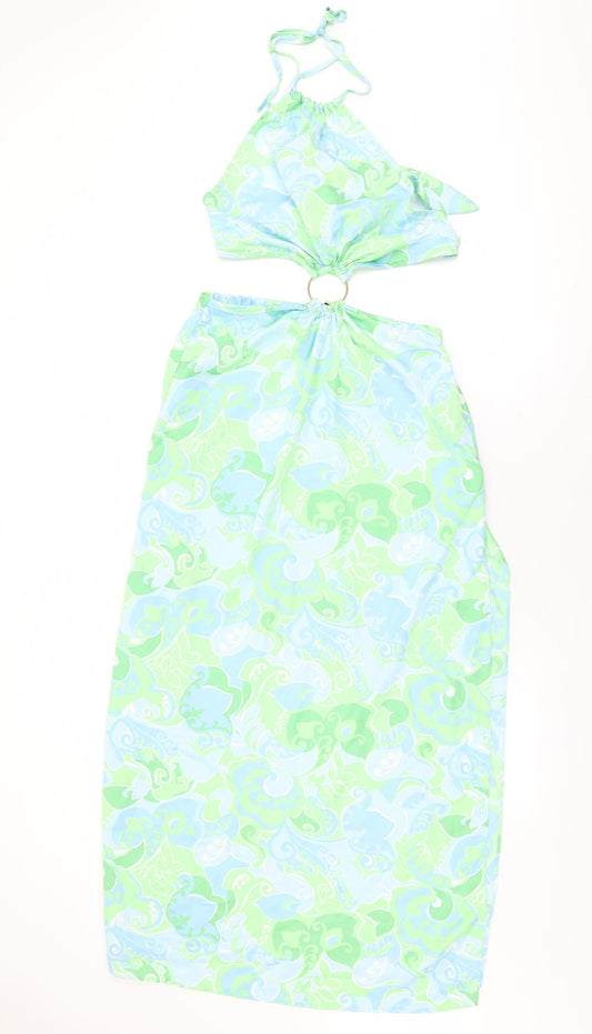 Additional front view of Miss Selfridge women’s blue geometric polyester shift, size UK 12, halter tie - cut out detail