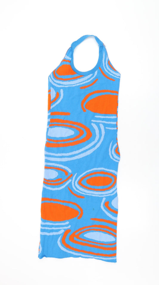 Additional front view of I SAW IT FIRST women’s blue geometric acrylic bodycon, size UK 8, halter pullover