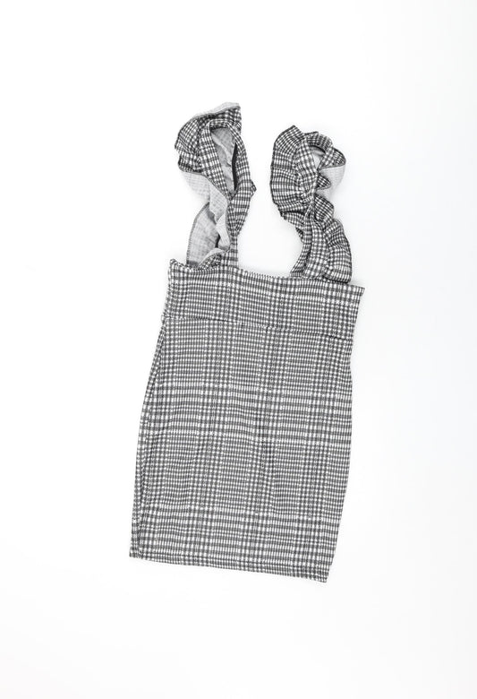 Boohoo Womens Grey Geometric Polyester Mini Size 8 Square Neck Pullover - Frill Detail