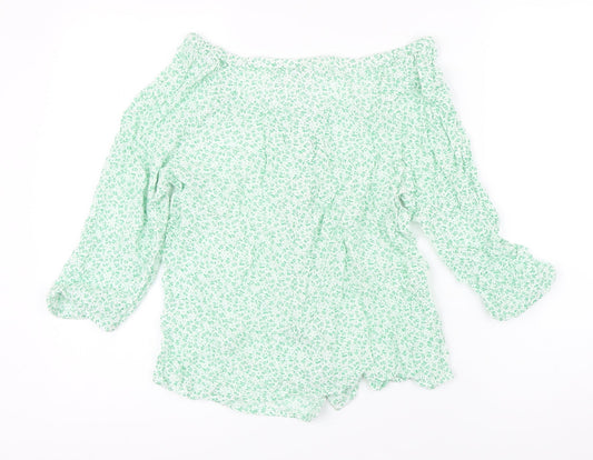 M&Co Womens Green Floral Cotton Blend Tunic Blouse Size 12 Boat Neck