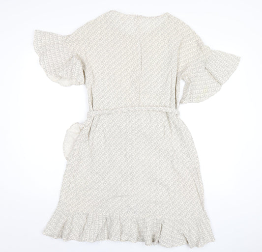 H&M Womens Ivory Geometric Cotton A-Line Size 12 Round Neck Zip