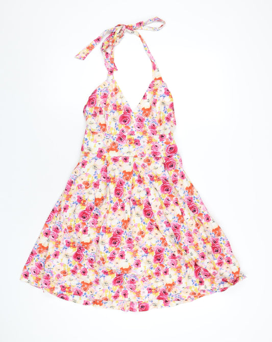 Additional front view of Red Herring women’s multicoloured floral cotton a-line, size UK 10, halter zip