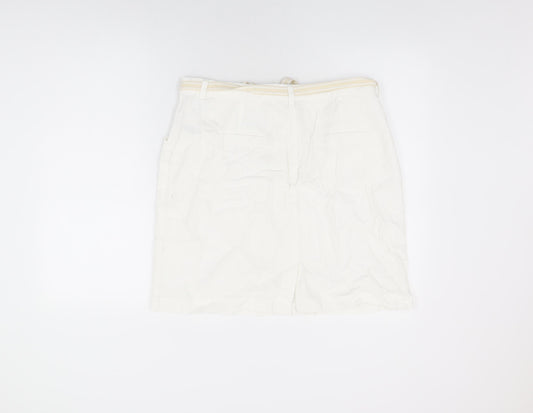 BHS Womens White Linen Mini Skirt Size 16 Zip - Belted